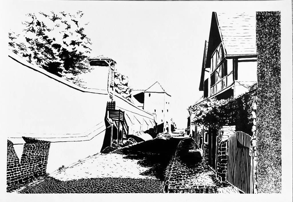 czarno-biała grafika przedstawiająca zabytki Chełmna