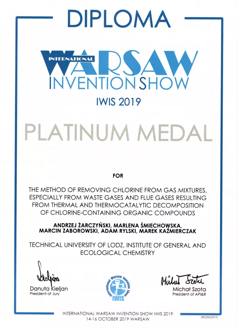 Dyplom dla wynalazku nagrodzonego platynowym medalem