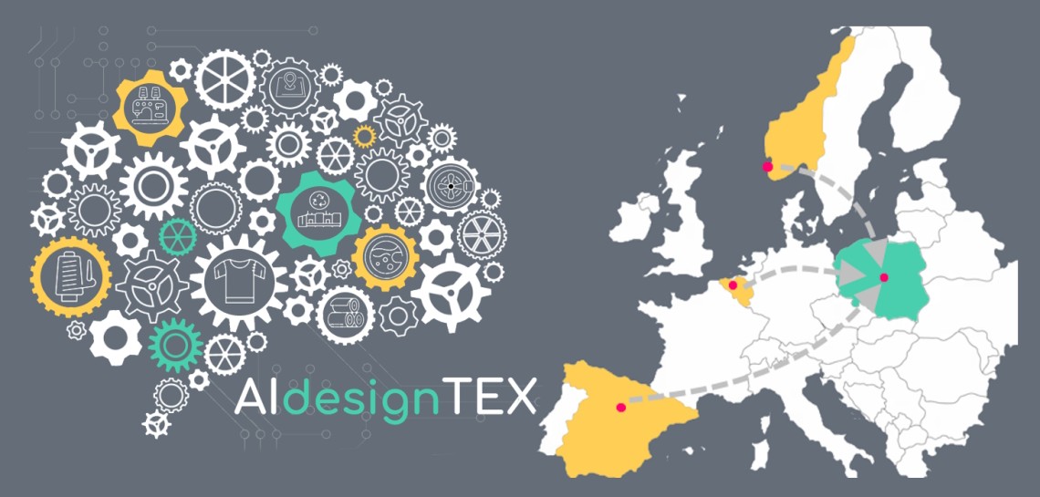 grafika z zarysem Europy i zaznaczonymi krajami: Norwegia, Belgia, Hiszpania i Polska. Obok napis AIdesignTex  karajami