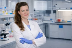 Młoda naukowczyni w białym fartuchu i rękawiczkach ochronnych w laboratorium biotechnologicznym