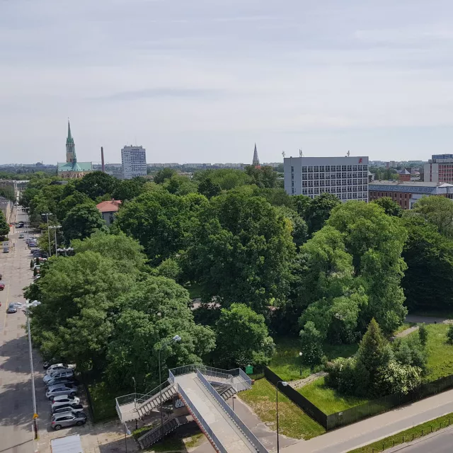 Widok z góry na duży obszar zieleni, budynki i bryłę kościoła